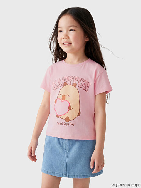 LCW Kids Bisiklet Yaka Capyfun Baskılı Kız Çocuk Tişört