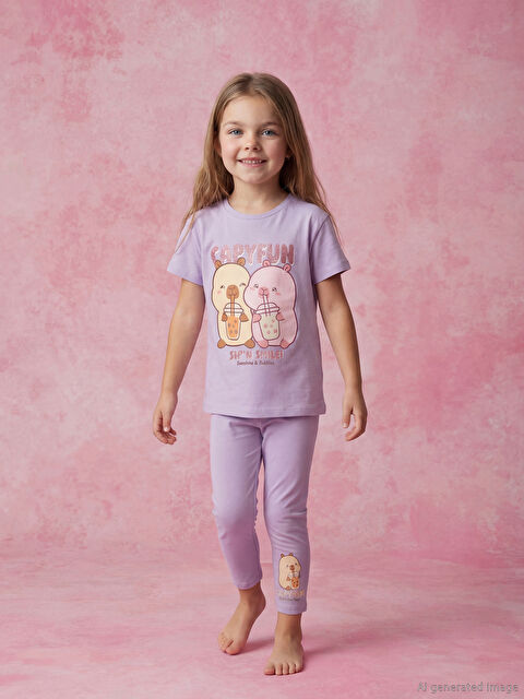 LCW Kids Capyfun Baskılı Kız Çocuk Tişört ve Tayt