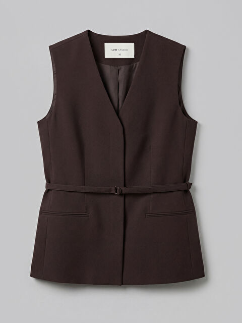 LCWAIKIKI Classic V Yaka Beli Kemerli Kadın Yelek - S6F880Z8-1UP