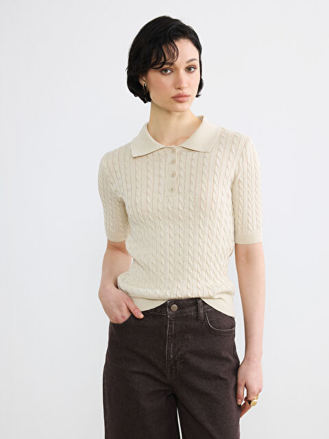 Soulife Polo Yaka Kendinden Desenli Kadın Triko Kazak - S6B882Z8-FDU