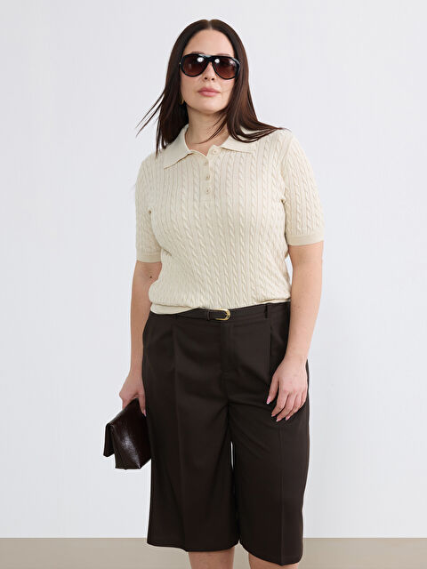 Soulife Polo Yaka Kendinden Desenli Kadın Triko Kazak