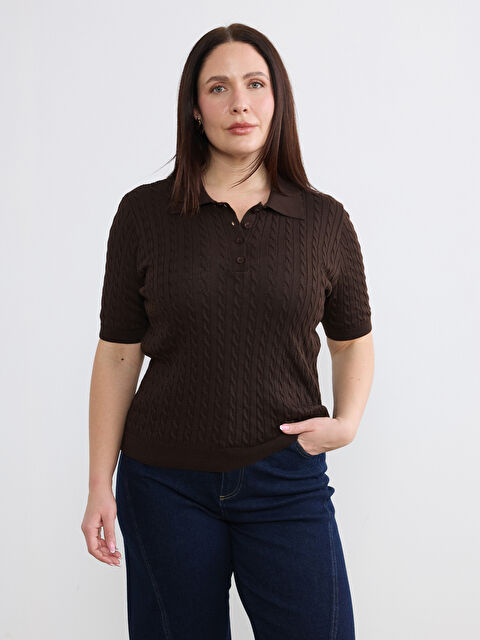 Soulife Polo Yaka Kendinden Desenli Kadın Triko Kazak