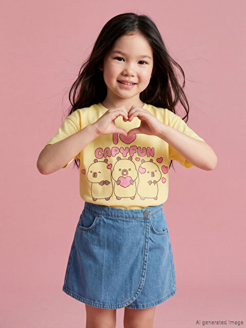 LCW Kids Bisiklet Yaka Capyfun Baskılı Kız Çocuk Tişört