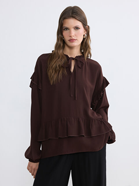 LCWAIKIKI Classic Bağlamalı Yaka Oversize Fırfırlı Bluz - S6E919Z8-2FH