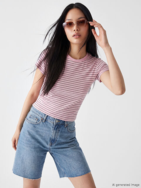 XSIDE Bisiklet Yaka Çizgili Kadın Tişört