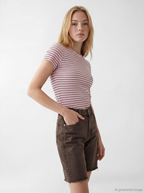 XSIDE Bisiklet Yaka Çizgili Kadın Tişört