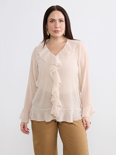 Soulife Büyük Beden V Yaka Fırfırlı Bluz