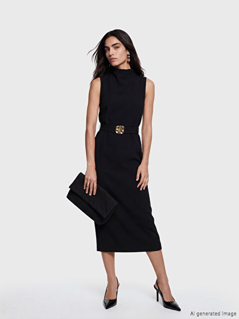 LC WAIKIKI Dik Yaka Kemerli Yırtmaçlı Elbise - S6A986Z8-CVL