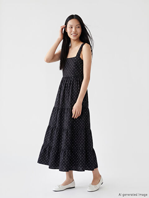 XSIDE Kare Yaka Puantiyeli Fırfırlı Katkat Elbise