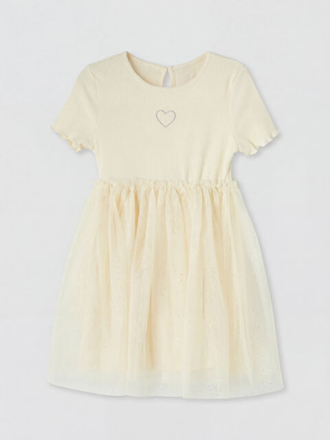 LCW Kids Bisiklet Yaka Kalp Nakışlı Kız Çocuk Tütü Elbise