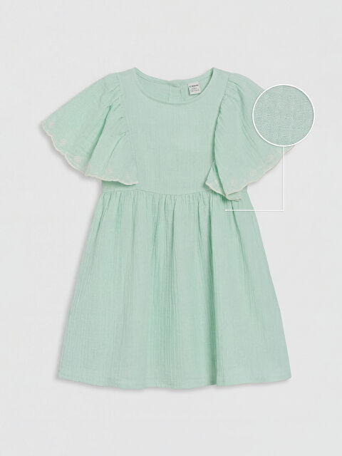 LCW Kids Bisiklet Yaka Nakışlı Kız Çocuk Müslin Elbise