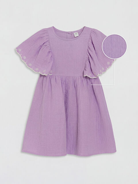 LCW Kids Bisiklet Yaka Nakışlı Kız Çocuk Müslin Elbise