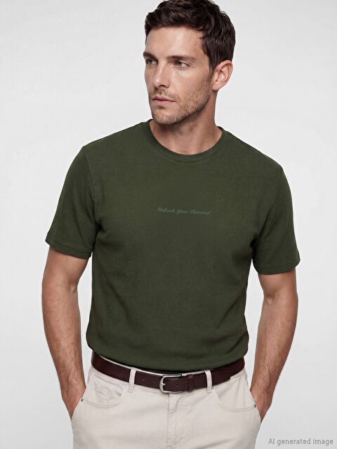 LCWAIKIKI Classic Bisiklet Yaka Nakışlı Fitilli Erkek Tişört