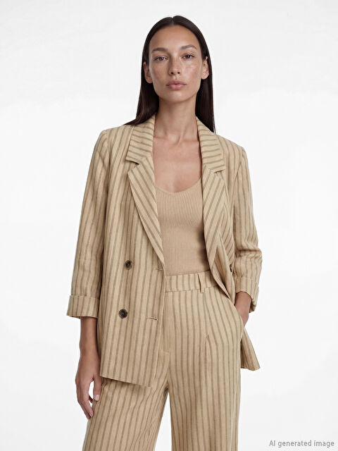 LCWAIKIKI Classic Kruvaze Yaka Çizgili Kadın Blazer Ceket - S6P111Z8-LEW