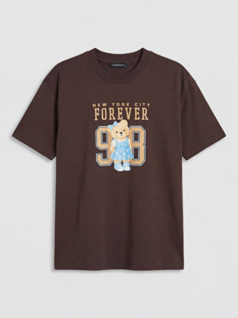 LCW Modest Bisiklet Yaka New York Baskılı Kadın Tişört - S6P366Z8-HMK