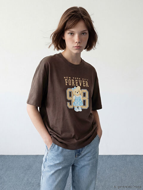 LCW Modest Bisiklet Yaka New York Baskılı Kadın Tişört - S6P366Z8-HMK