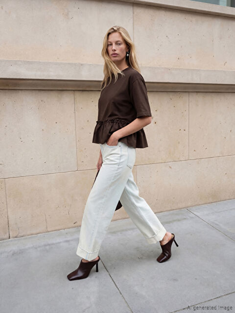 LC WAIKIKI Bisiklet Yaka Fırfırlı Kadın Tişört - S6ON88Z8-HDD