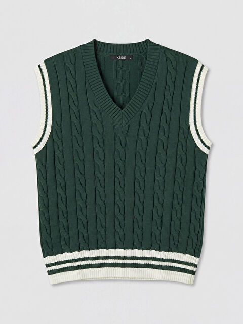 XSIDE V Yaka Saç Örgüsü Desenli Erkek Triko Süveter