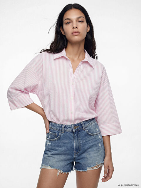 LCW Vision Çizgili Oversize Poplin Kadın Gömlek