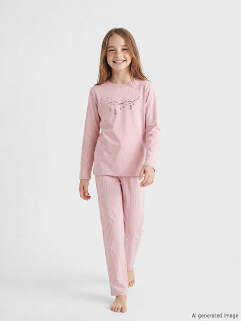 LCW Kids Bisiklet Yaka Baskılı Kız Çocuk Pijama Takım - S6P884Z4-FHR