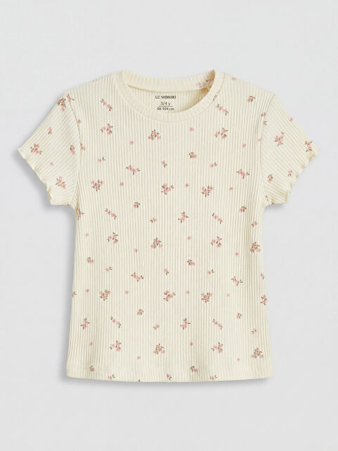 LCW baby Bisiklet Yaka Çiçek Desenli Kız Bebek Tişört