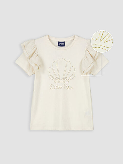 LCW Kids Bisiklet Yaka Boncuklu Kız Çocuk Tişört