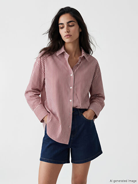 LCW Vision Çizgili Oversize Poplin Kadın Gömlek
