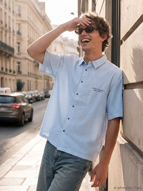 XSIDE Loose Fit Çizgili Erkek Gömlek - S6OO01Z8-LEN