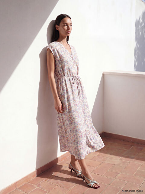 LCW STUDIO V Yaka Beli Kuşaklı Çiçekli Elbise