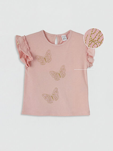 LCW baby Bisiklet Yaka Nakışlı Fırfırlı Kız Bebek Tişört