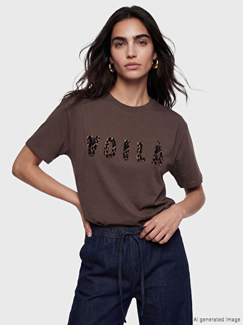 LCW Vision Bisiklet Yaka Baskılı Oversize Kadın Tişört - S6Q333Z8-HKQ