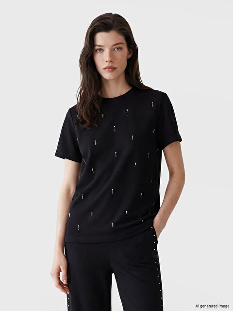 LCW Comfort Taşlı Soft Touch Kadın Tişört