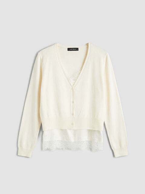 LCW Vision V Yaka Dantel Detaylı Kadın Triko Hırka - S6R033Z8-FDU