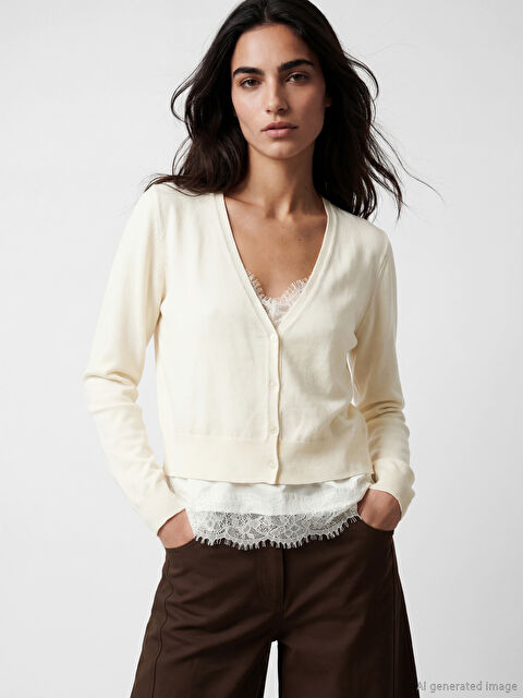 LCW Vision V Yaka Dantel Detaylı Kadın Triko Hırka