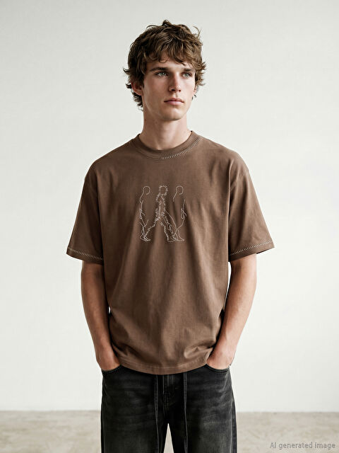 LC WAIKIKI Bisiklet Yaka Nakışlı Erkek Tişört - S6OO30Z8-CTC