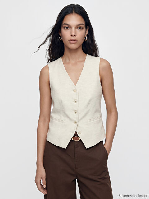 LCW Vision V Yaka Keten Karışımlı Kadın Klasik Yelek