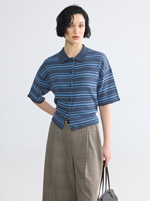 LCW Vision Polo Yaka Çizgili Kadın Triko Hırka