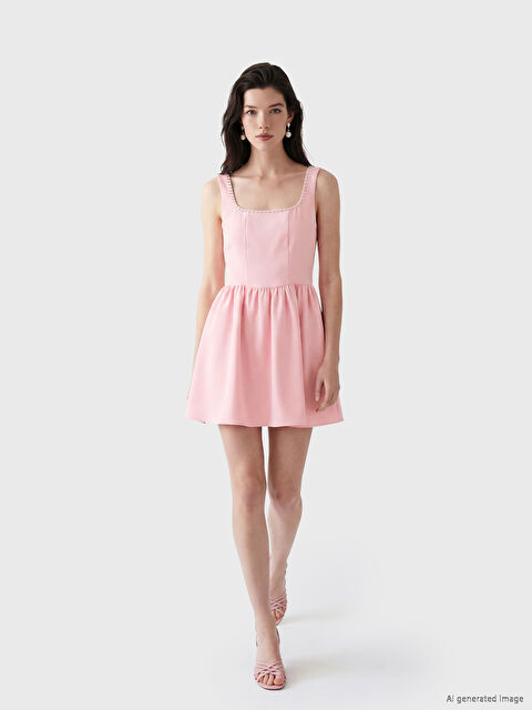 LCW Comfort Kare Yaka Taşlı Mini Elbise