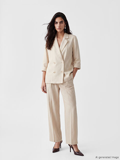 LCW Vision Çizgili Keten Karışımlı Kadın Pileli Pantolon