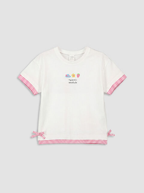 LCW Kids Bisiklet Yaka Nakışlı Fiyonk Detaylı Kız Çocuk Tişört