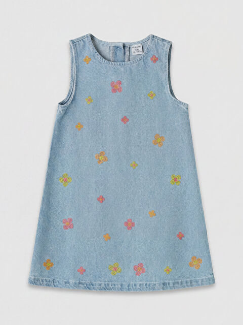 LCW Kids Çiçek Nakışlı Kız Çocuk Jean Elbise