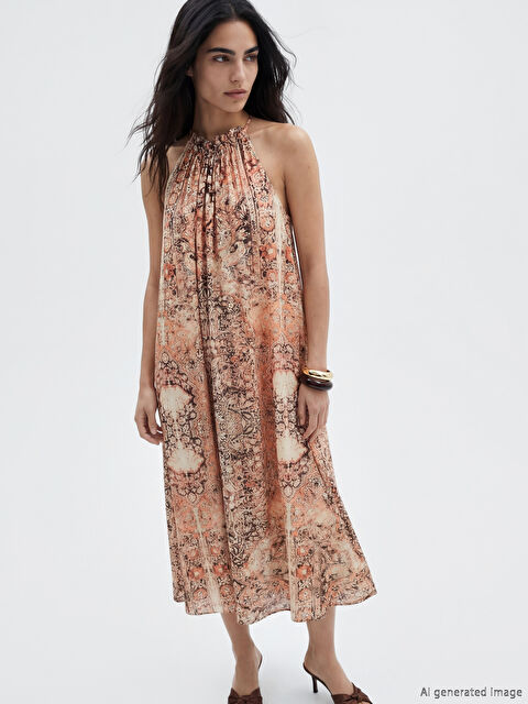 LCW Vision Halter Yaka Desenli Büzgülü Elbise