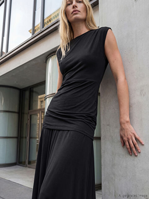 LC WAIKIKI Bisiklet Yaka Büzgülü Uzun Elbise