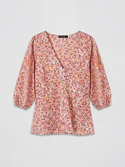 LCW Vision V Yaka Çiçekli Balon Kollu Bluz