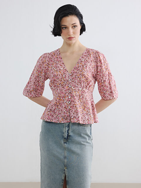 LCW Vision V Yaka Çiçekli Balon Kollu Bluz