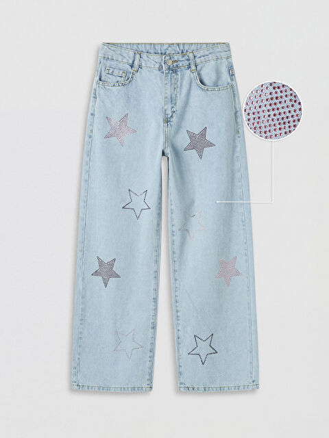 LCW Kids Wideleg Taş İşlemeli Kız Çocuk Jean Pantolon