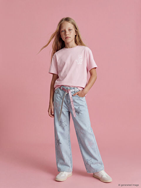 LCW Kids Wideleg Taş İşlemeli Kız Çocuk Jean Pantolon