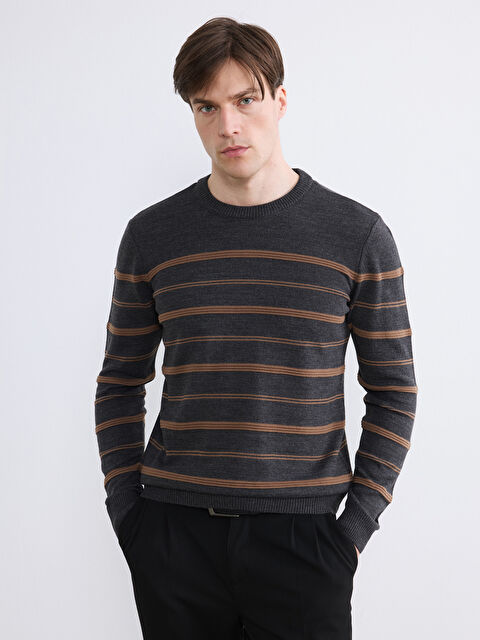 LCWAIKIKI Classic Bisiklet Yaka Çizgili Erkek Triko Kazak - W67143Z8-CZR