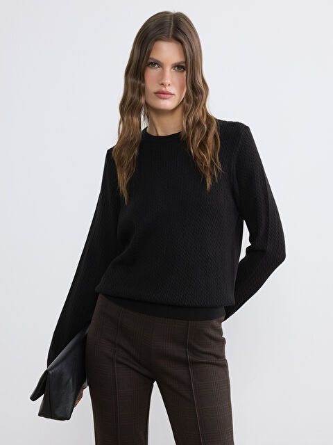 LCWAIKIKI Classic Bisiklet Yaka Desenli Kadın Triko Kazak	 - W6A086Z8-CVL