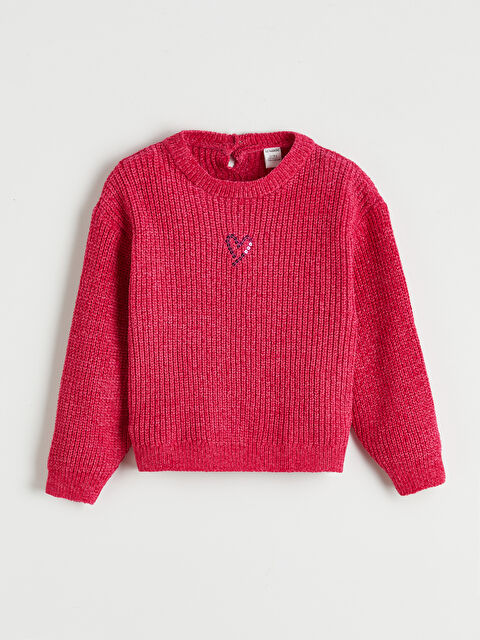 LCW Kids Bisiklet Yaka Kalp İşlemeli Kız Çocuk Triko Kazak	 - W6E109Z1-E6M